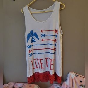 White XXL Sunshine & Rodeos Long Tank Top with red lace along bottom